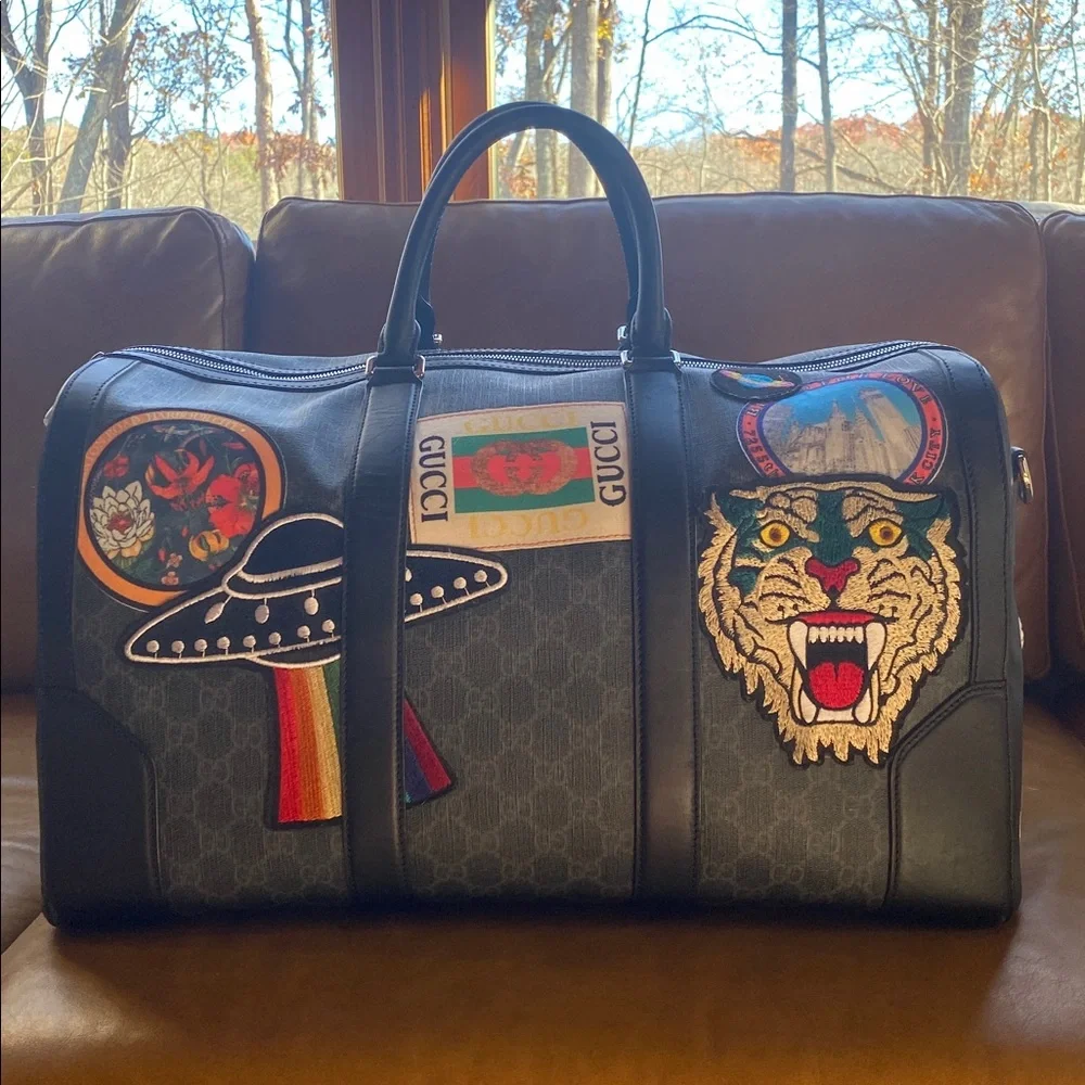Gucci Limited Edition Supreme Patches Duffel Bag Travel Bag Black Gray RARE